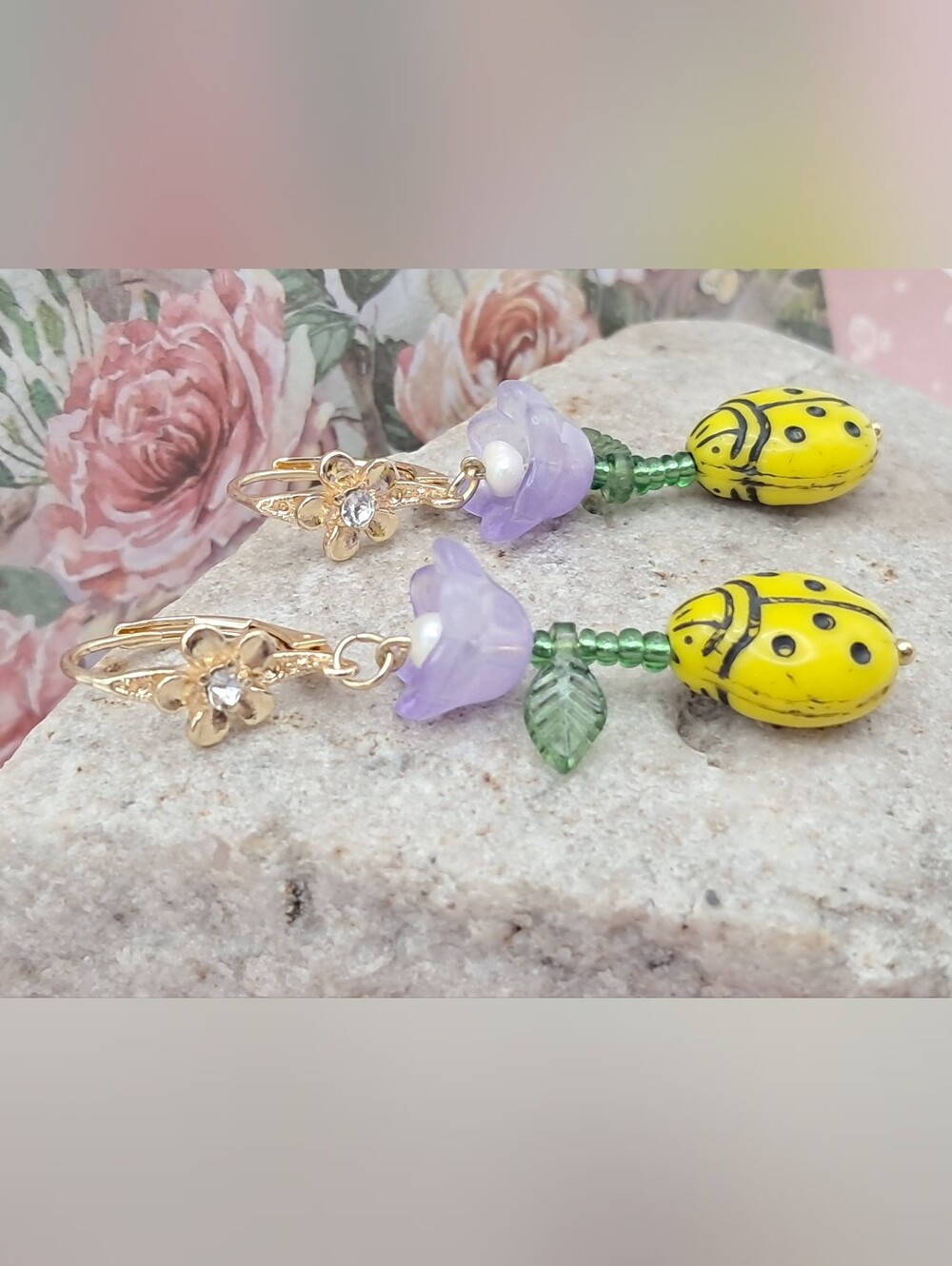 Gold Floral Drop Earrings with Purple Flower & Yellow Ladybug Freshwater Pearls